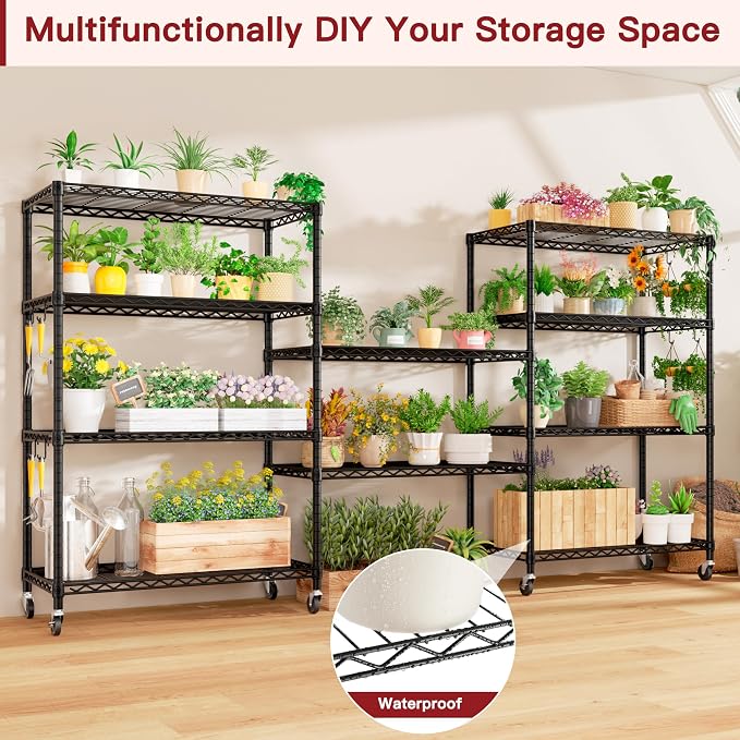 PrimeZone Wire Shelving with Wheels, 5-Tier NSF Adjustable Storage Shelves | 36"W x 16"D x 79"H Metal Shelf, Adjustable Organizer, 4 Hooks, Heavy Duty 1250 LBS Capacity for Kitchen, Pantry, 2 PCS