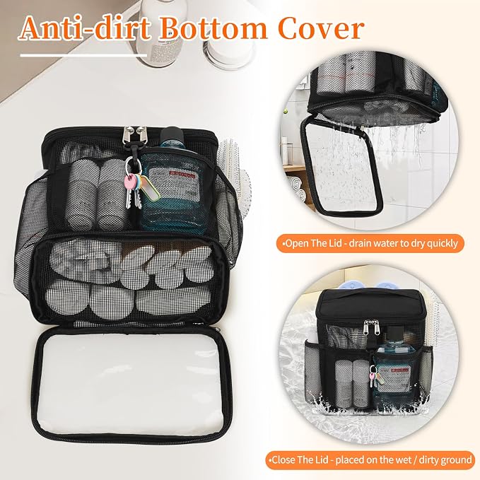 CUBETASTIC Shower Caddy Portable Mesh Shower Tote for Bathroom, Gym, Travel, Camping - Quick Dry Hanging Organizer Toiletry Bag with Handle for College Dorm Room, Men & Women