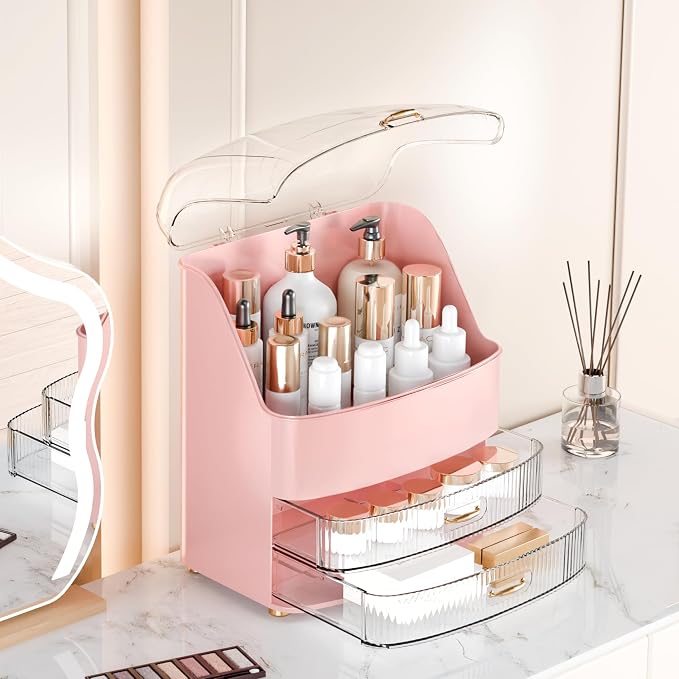Makeup Organizer Countertop Vanity with Transparent Lid Drawers Waterproof Dustproof Cosmetic Skincare Bathroom Storage Gift for Women Teens Girls (Pink)