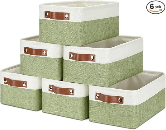 DULLEMELO Storage Baskets for Shelves, Small Fabric Collapsible Rectangular Storage Baskets for Organizing, Closets, Nursery, Home, Office, Empty Gift Baskets (6-Pack, White&Green)