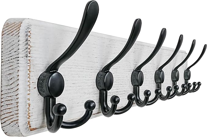 Coat Rack Wall Mounted - 24" Long 6 Tri Hooks, Heavy Duty Wooden Wall Coat Hanger Coat Hook for Clothes Hat Jacket Clothing, White and Black