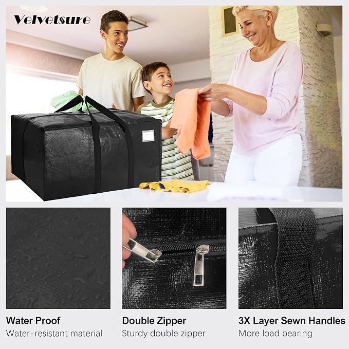 VELVETSURE Heavy Duty Extra Large Moving Bags W/Backpack Straps - Strong Handles & Zippers, Storage Totes For Space Saving, Fold Flat, Alternative to Moving Box and Storage Bin (Set of 6, Black)