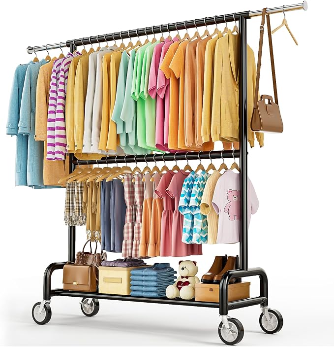 Heavy Duty Clothes Rack Load 860LBS, Double Rods Rolling Clothing Racks for Hanging Clothes, Rolling Garment Rack With Sturdy Wheels Shelves, Portable & Adjustable Commercial Garment Rack, Black