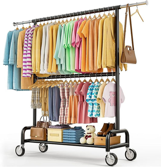 Heavy Duty Clothes Rack Load 860LBS, Double Rods Rolling Clothing Racks for Hanging Clothes, Rolling Garment Rack With Sturdy Wheels Shelves, Portable & Adjustable Commercial Garment Rack, Black