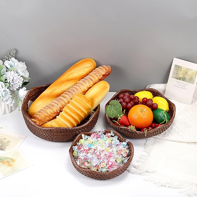Hipiwe Round Key Bowl Tray Basket For Entryway Table Small Rattan Basket | Decorative Fruite Basket Serving Trays Wicker Storage Basket for Kitchen Coffee Table Livingroom, Brown