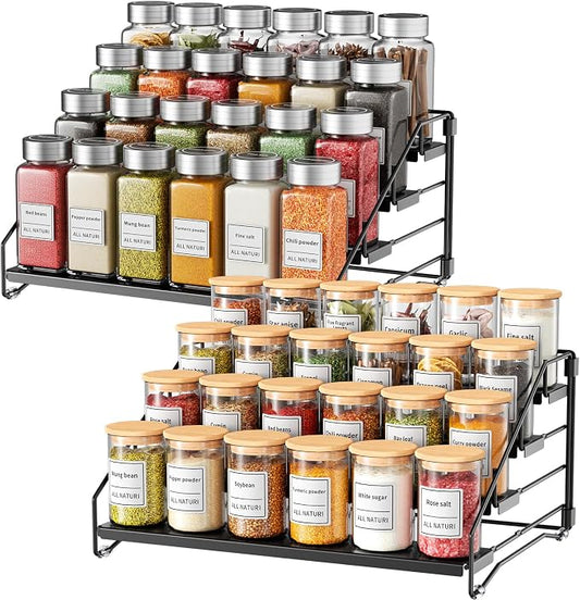 2 Pack Spice Rack Organizer for Cabinet, Depth Adjustable 4 Tier Spice Rack | Black, Metal Spice Organization for Cabinet, Easy Visibility, Tiered Spice Rack Perfect for Cabinet, Pantry and Countertop