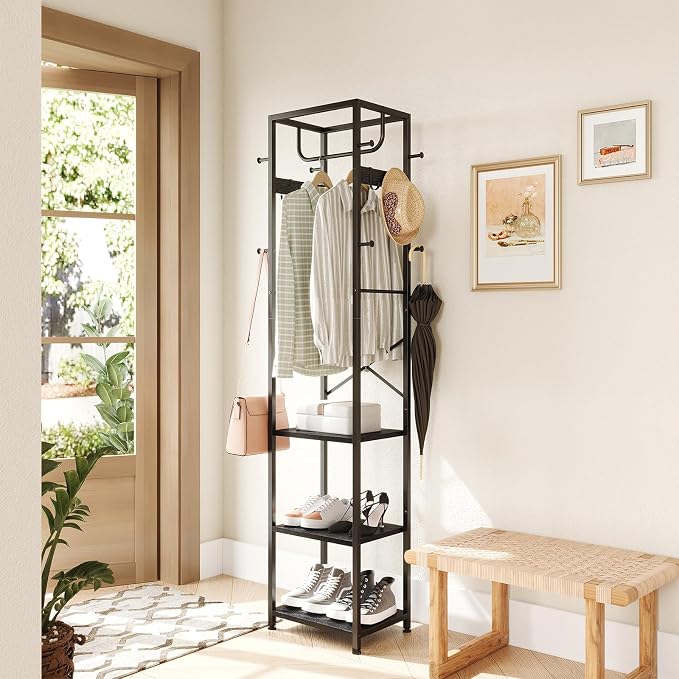ELYKEN Coat Rack Freestanding, Hall Tree with 3 Shelves and 12 Hooks, Black | Industrial Metal Frame, Space-Saving Design, Clothes Rack Stand Organizer for Bedroom, Hallway, Entryway, Office, Living Room