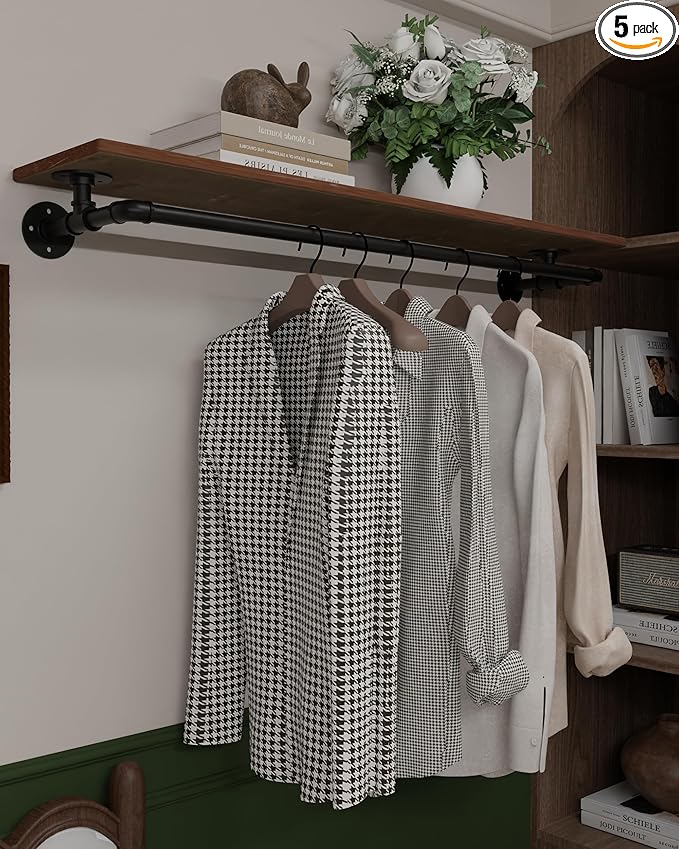 Clothes Rack 48in, Wall Mounted Garment Rack with Real Wood Shelf, Heavy Duty Hanging Clothes Rack, Multi-Purpose Hanging Rod, Space-Saving Closet Storage