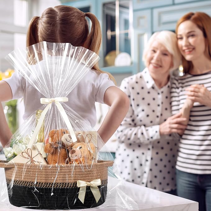 Colingmill 1 Set Woven Empty Basket for Gift,Black Brown | with Cellophane Wrap Set, 14 x 10 x 5.5 Inch, Medium Decorative Gift Basket, Cotton Rope Storage Box, Home Decor