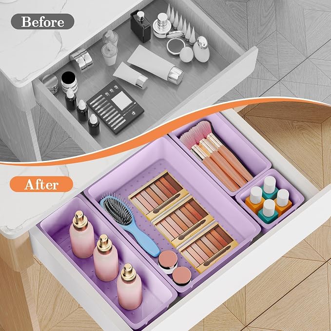 SpaceHacks 25 PCS Plastic Drawer Organizer Set, 4-Size Versatile Organizer Trays & storage Bins for Makeup, Jewelry, and Gadgets in Bathroom, Bedroom and Office, Purple