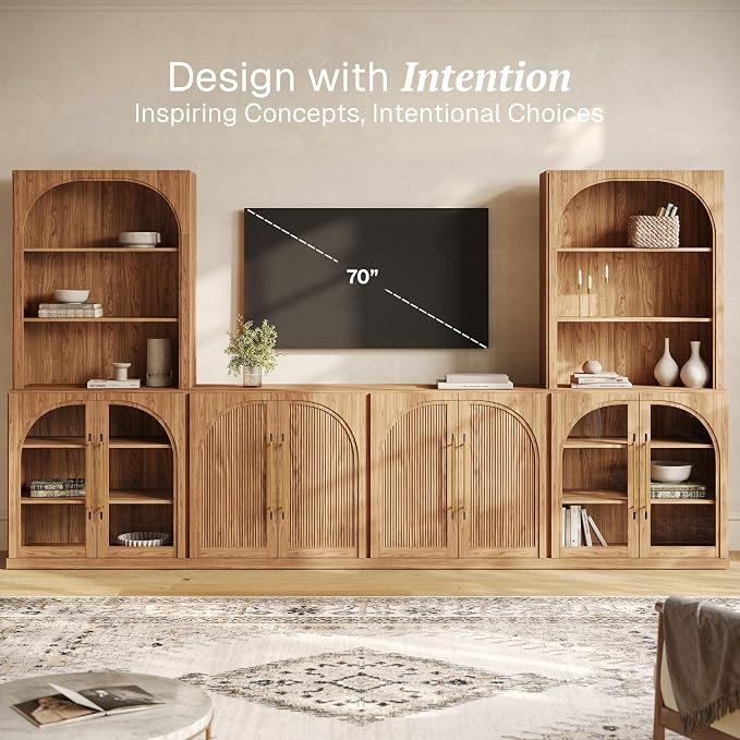 BELLEZE 6-Piece Modular TV Stand Set - 2 Double-Arc Wood Door Sideboards, 2 Arched Glass Door Sideboards, 2 Hutch Cabinets, Classic Modern Media Console with Adjustable Shelves for Living Room, Camel