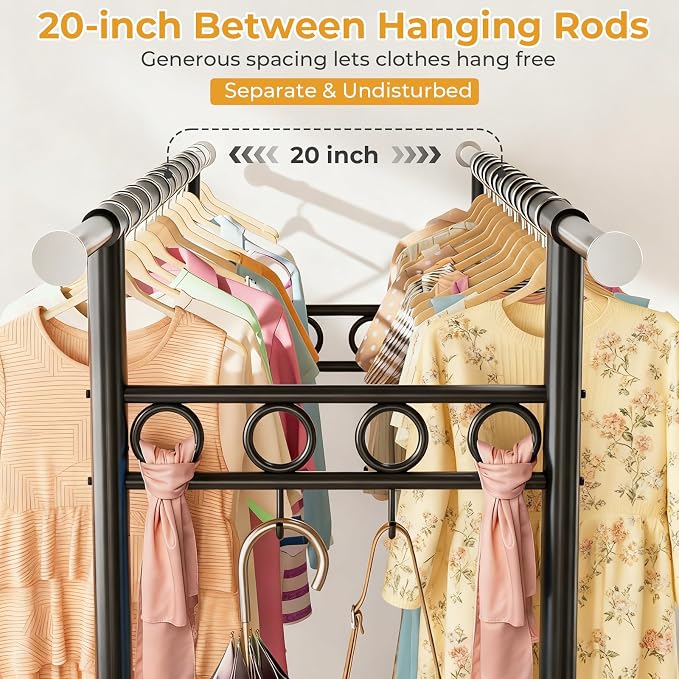 Heavy Duty Clothes Rack Load 1060LBS, Four Rods Rolling Clothing Racks for Hanging Clothes, Rolling Garment Rack With Sturdy Wheels Shelves Hooks, Portable & Adjustable Commercial Garment Rack, Black