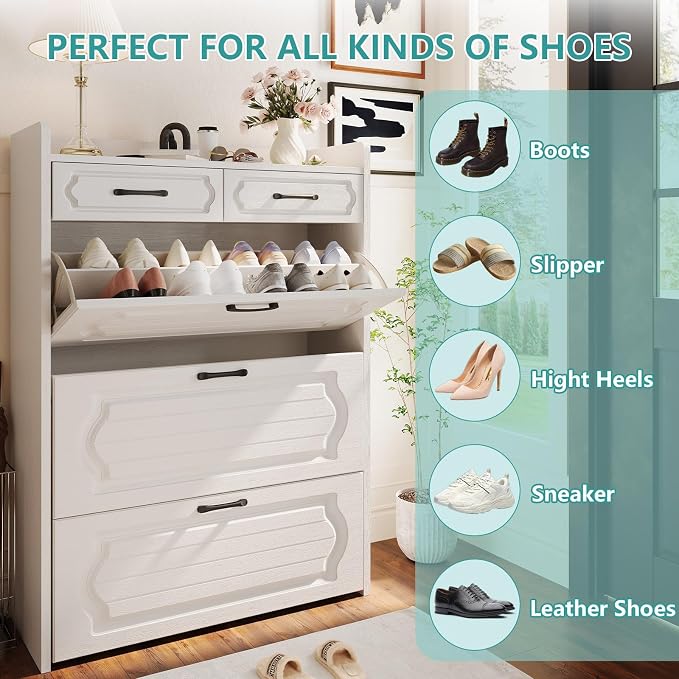 ODUWA Shoe Cabinet with 3 Flip Drawers and 2 Storage Drawers, Shoes Organizer Cabinets with Adjustable Divider, Hidden Shoe Rack Shoe Storage Cabinet for Entryway, Hallway, White
