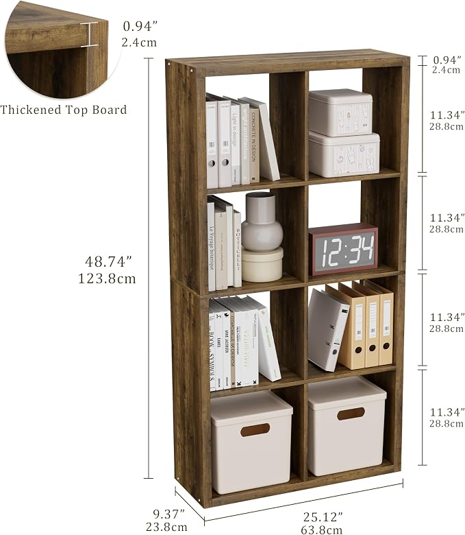 VDNEND Cube Storage Organizer Bookcase, Decorative 11 inch Open Back Cubical Shelf with Thickened Border, Display Bookshelf for Living Room, Home Office, Sturdy Room (Brown, 8 Cube)