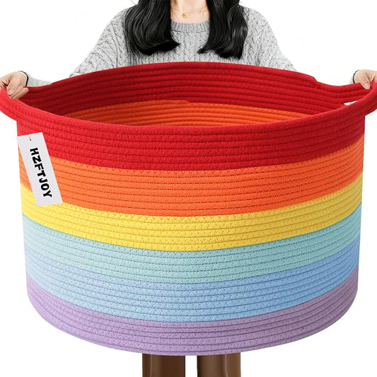 65L Large Blanket Basket,Rope Woven Laundry Basket-Rainbow | Collapsible, reinforced handles, nursery storage bin organizes clothes, toys and pillows for living room, bedroom bathroom