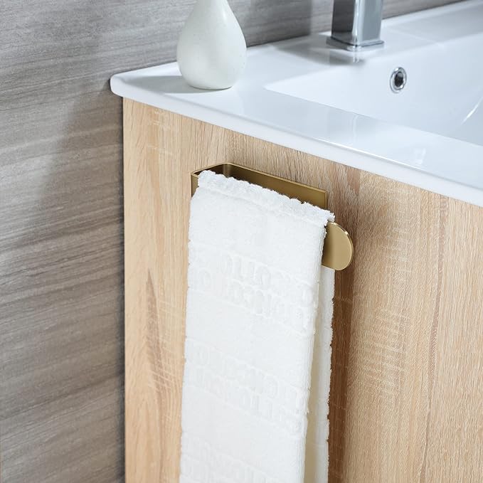 Taozun Gold Towel Holder Adhesive Hand Towel Bar Rack Brushed Brass Finish | Towel Ring, Stainless Steel, Rustproof, No Drill, Strong Stick, Rustproof, Sleek Nodern Look, Renter/RV Friendly, 7.9 Inch