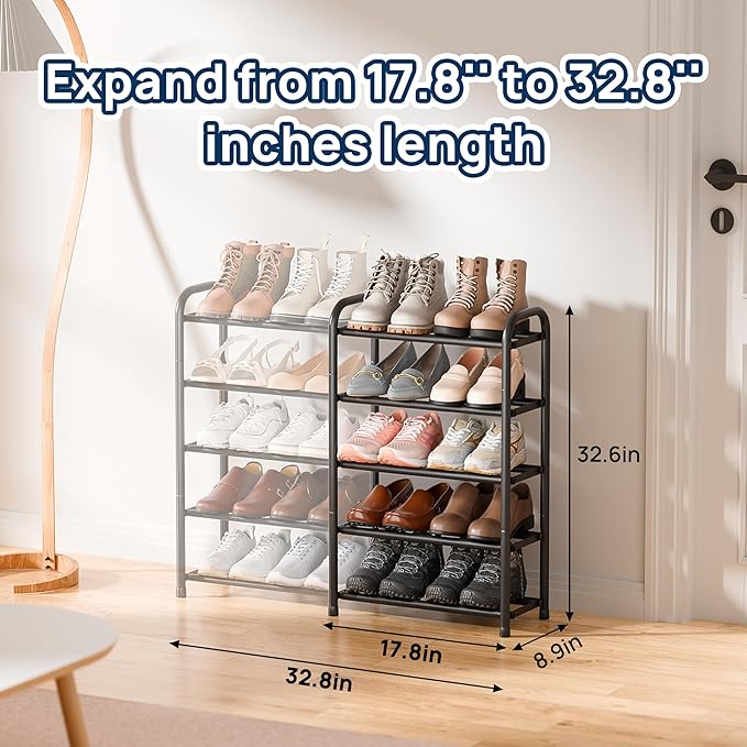 ENJOYBASICS 5 Tier Expandable Shoe Rack for Closet, Free Standing Metal Shoe Shelf Storage Organizer Holder 20 Pairs, Adjustable Width Shoe Rack for Entryway Small Space, Black