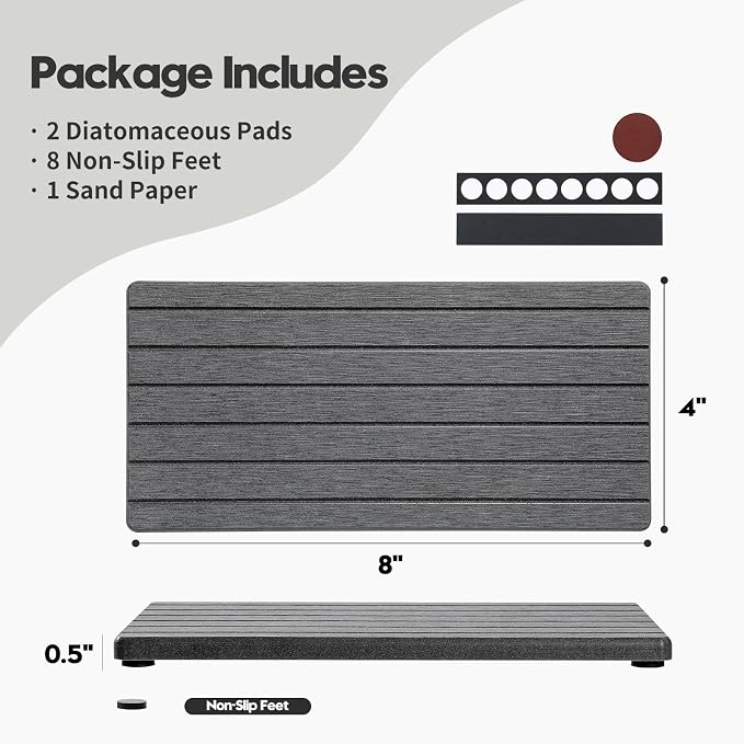 2PCS Diatomite Water Absorbing Stone Drying Tray Mat for Bathroom & Kitchen Counter, Instant Dry Drink Bar Coaster, Vanity Sink Caddy Organizer, Dish Soap Sponge Holder, Dark Gray, 8"x3.8"