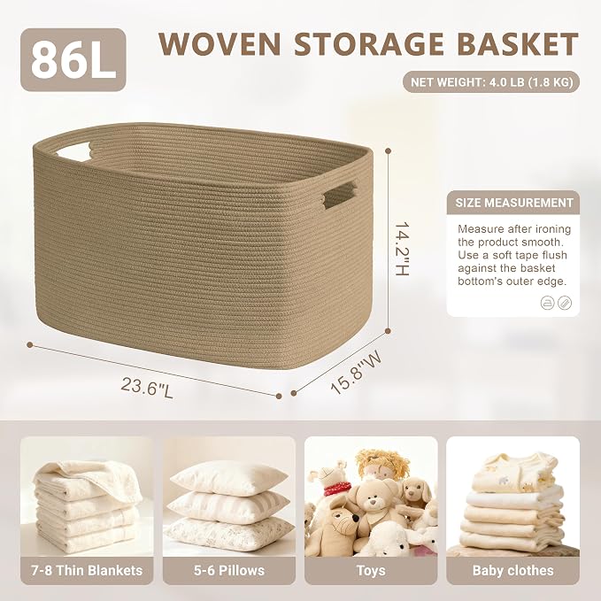 86L Large Woven Laundry Basket Hamper with Handles, Jute | collapsible wicker hamper, storage for dirty clothes, toys, blankets, gifts, living room, bedroom, bathroom, 24"x16"x14"