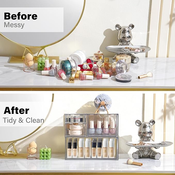 Prsildan Acrylic Drawer Makeup Organizer with 4 Drawers, Set of 2 | Clear, Baby Bottle Storage, For Vanity Countertop Bathroom Cosmetic Office Desk, Craft Jewelry Art Supply Organization