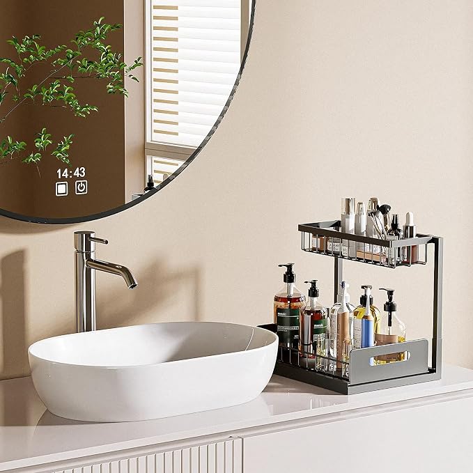 Under Sink Organizer and Storage 2 Pack, Slide Out Cabinet Organizer, Pull Out Sink Shelf for Kitchen Bathroom Laundry, Black