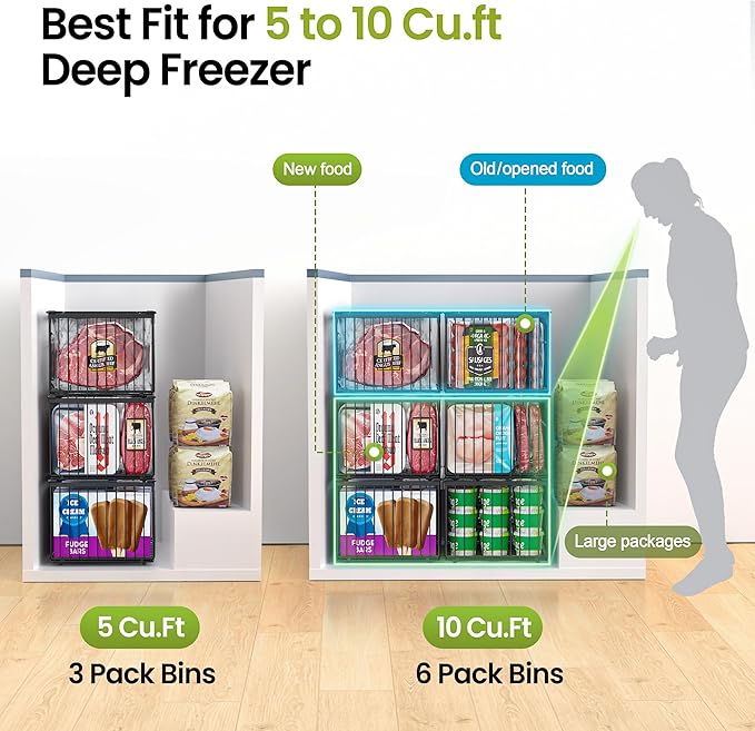 Freezer Organizer Bins, 3 Pack Enlarged Baskets for 5-9 Cu.FT Deep Freezer | Stackable Chest Freezer Organizer Bins, Foldable with Handles, Black Storage Container Baskets for Sort Frozen Meats