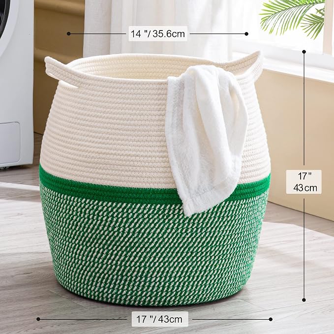 KAKAMAY Woven Baskets for Storage(17"x17"),Large Cotton Rope Woven Baby Laundry Hamper,Collapsible Laundry Basket, Blanket Basket for Organizing Living Room,Nursery,Pillows,Toy Chest(Green)
