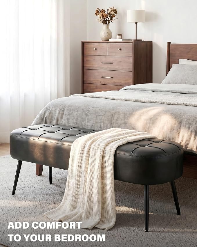 Entryway Bench, Modern PU Leather Upholstered End of Bed Bench Black | Shoe Bench with Tufted Seat, 660 lb Capacity, Sturdy Metal Legs, Mid-Century Style, For Hallway, Living Room, Bedroom, Foyer
