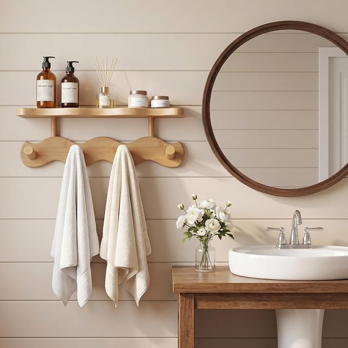 Wave-Shaped Bamboo Coat Rack Wall Mount with Shelf - Modern 4-Hook Rack | Modern Sculptural Wave Decor, Organic Wood Wall Mounted Rack with Storage Shelf, Heavy-Duty Hanging for Entryway & Bedroom