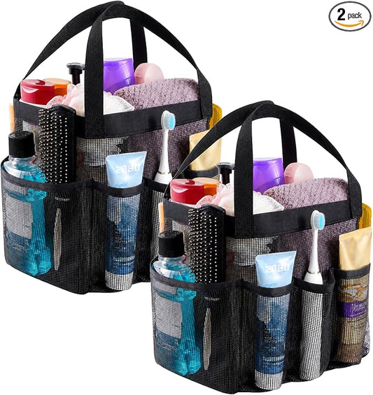 Lifewit Mesh Shower Caddy 2 Packs, Freestanding Portable Shower Tote Bag for Dorm, Bathroom, Gym, Travel, Quick Dry Hanging Organizer with 7 Storage Pockets for Toiletry Essentials, Black