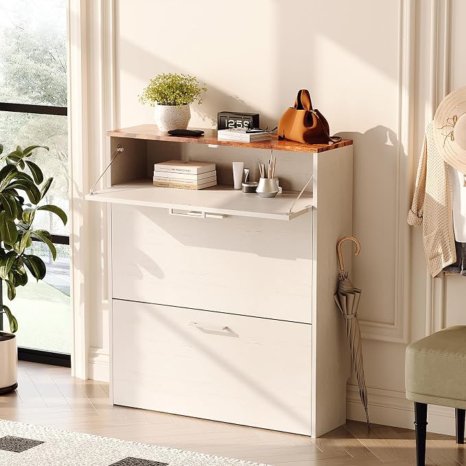 VINGLI Shoe Cabinet for Entryway, Farmhouse Slim Shoe Rack Storage with 3 Flip Drawers, Rustic Brown Top & Washed White Body, Narrow Hidden Shoe Organizer for Hallway, 9.5" Depth