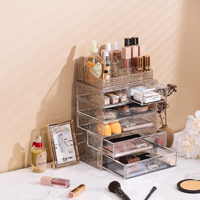 Sorbus Acrylic Makeup Organizer Set, 6-Drawer Vanity & Countertop Cosmetic Storage with Small & Wide Compartments, Glitter Makeup Storage for Brushes, Jewelry – Holiday Gift for Women & Teens
