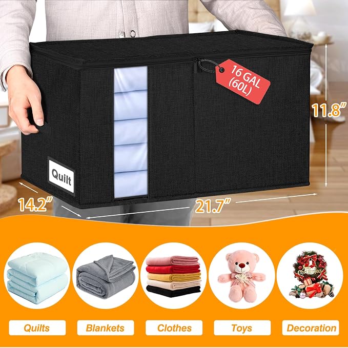 60L Rigid-Sided Blanket Storage Bags, 2 Pack, Black | Rigid Sides and Bottom, Stackable Design, for Comforters, Quilts, Bedding, Pillows and Clothes, Closet and Dorm Organization