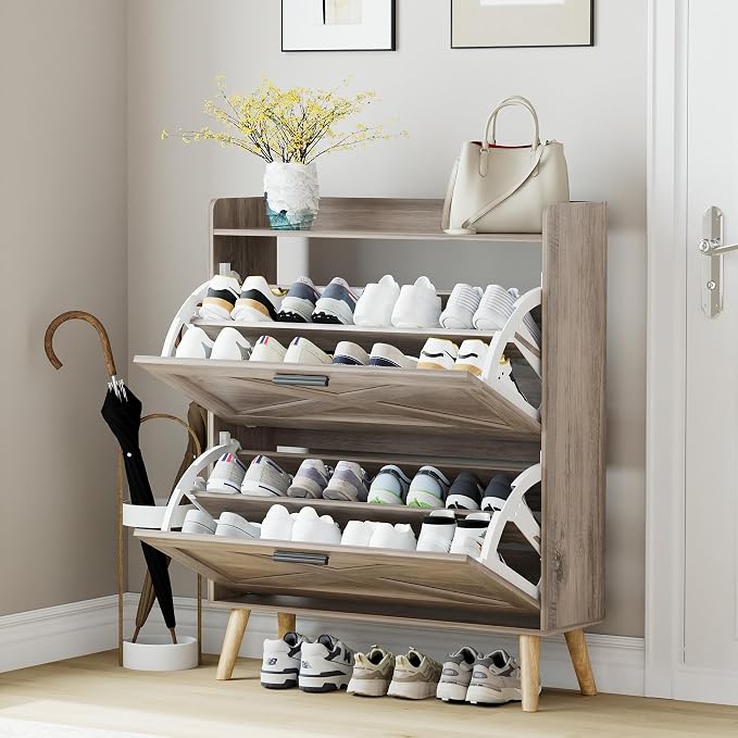 Homleke Farmhouse Shoe Storage Cabinet with Flip Drawers & Barn Door Design | Slim Narrow Shoe Rack Cabinet with Adjustable Shelves & Hidden Storage for Entryway, Foyer, Hallway, Living Room, Greige
