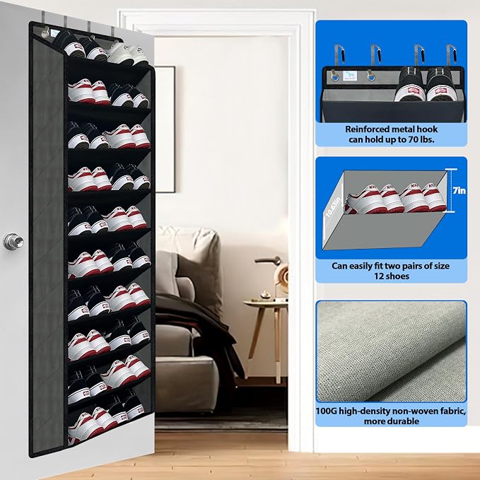 shoe organizer,70 Pounds Large Capacity,20-30-Pair over the door shoe organizer,10 Tiers shoe rack for closet,New upgrade Anti-scratch heavy duty hook and Bamboo material Baffle,Grey/Black