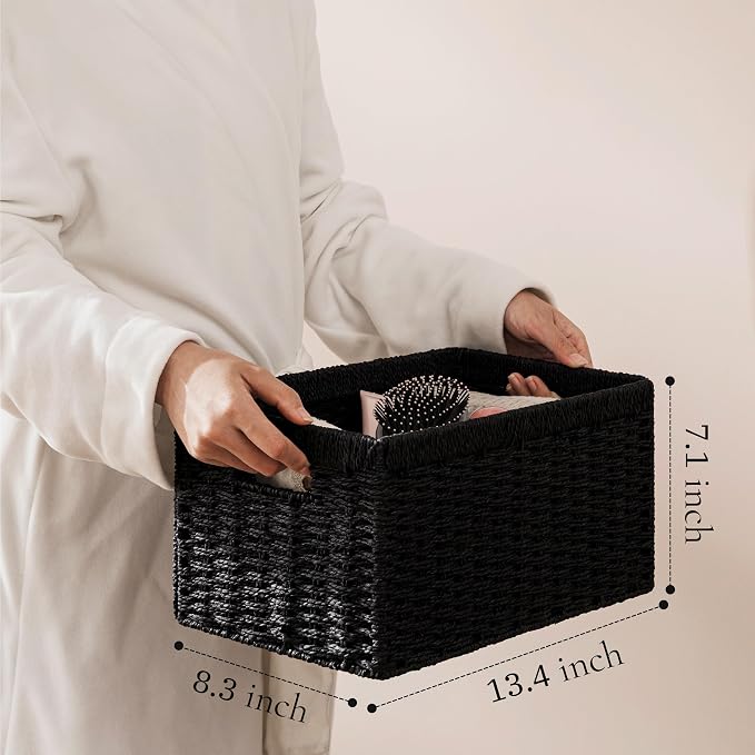UBBCARE 2 Pack Wicker Basket, 13.4L×8.3H×7.1W inch Woven Paper Rope Storage Baskets for Shelves, Foldable Rectangular Storage Baskets with Handle, Storage Basket for Organizing, Black