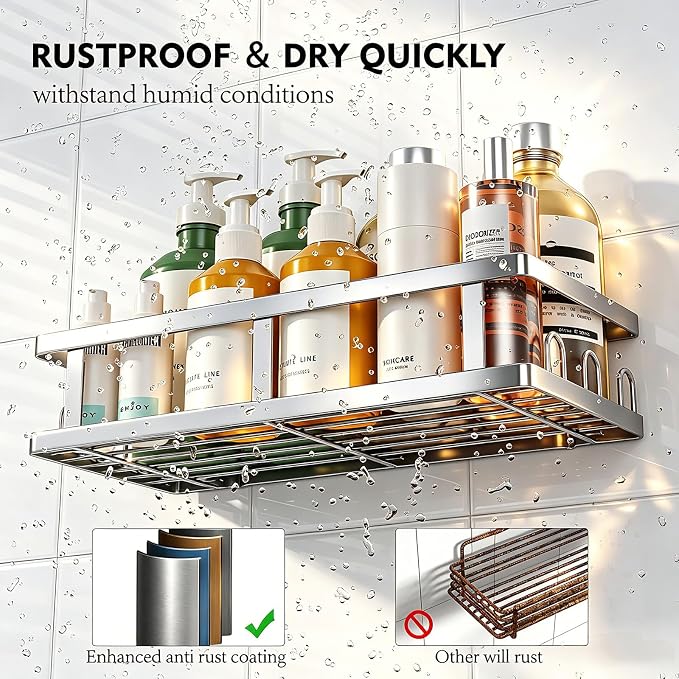 Youvip Silver Shower Caddy 6 Pack, No Drill Rustproof Adhesive Shelves | Silver Finish, Clean Organization, 6-Piece Set, No Drilling, Rust Resistant, 6 Adhesives, 24 Built-In Side Hooks