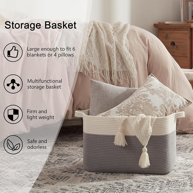OIAHOMY Large Blanket Basket, 65L Cotton Rope Woven Laundry Basket, Toy Bin for Baby Room, Container for Blanket Storage in Living Room, 20''×16''×12'', Grey & White
