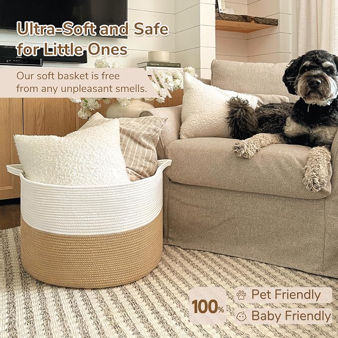 INDRESSME XXXLarge Woven Rope Blanket Basket Living Room, 90L | 21.7" x 13.8" Storage baskets for toys laundry & pillows. Fits living room, bedroom or nursery décor. Soft-touch with handles
