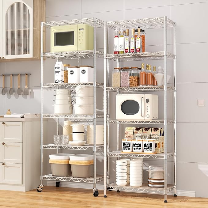 6-Tier Wire Shelving Unit,Metal Shelf Racks with Lockable Wheels,Chrome | 21.3" Wx11.4 Dx73 H,Height Adjustable Storage Shelves for Narrow Space/Laundry/Bathroom/Kitchen/Pantry/Closet