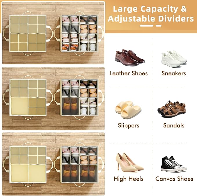 Plus Size 2 Pack Shoe Organizer for Closet, Foldable Shoe Storage Box | 16–24 Pair Shoe Storage for Sneakers, Boots & Heels with Adjustable Dividers, Clear Cover & Space Saving Closet Storage