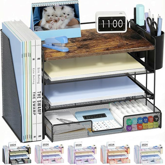 OPNICE Desk Organizer, 4-Tier Desktop File Organizer with Drawer and Pen Holders, Office Desk Accessories, File Sorters, Workspace Organizers for Office Supplies(Wood)