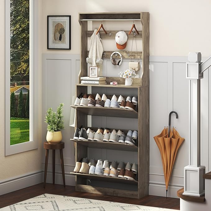 Shoe Cabinet for Entryway with 3 Flip Drawers, Grey Tall Wood Shoe Storage Cabinet with Coat Rack, Narrow Hidden Slim Freestanding Shoe Rack Organizer, 2 in 1 Hall Tree for Living Room, Hallway
