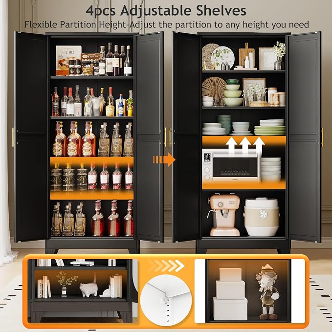 PAOFIN 71" Tall Metal Pantry Storage Cabinet with Doors and 4 Adjustable Shelves, Black Kitchen Food Pantry Cabinets, Tall Freestanding Cupboard for Kitchen, Dining Room or Living Room, Black