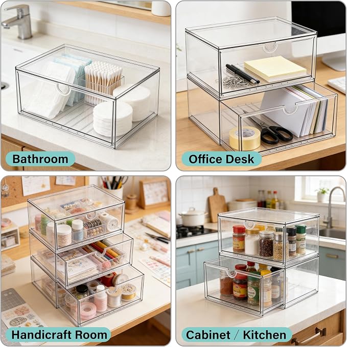Prsildan Acrylic Makeup Organizer, 2 Pack Stackable Clear Storage Drawers for Baby Bottles Desk Organizers with 2 Drawers for Countertop Vanity Nursery Modular System for Cosmetics Jewelry