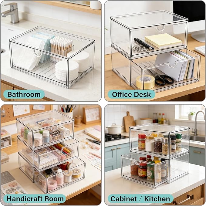 Prsildan Acrylic Makeup Organizer Stackable Clear Storage Drawers for Baby Bottles Desk Organizers for Countertop Vanity Nursery Adjustable Modular System for Cosmetics Jewelry