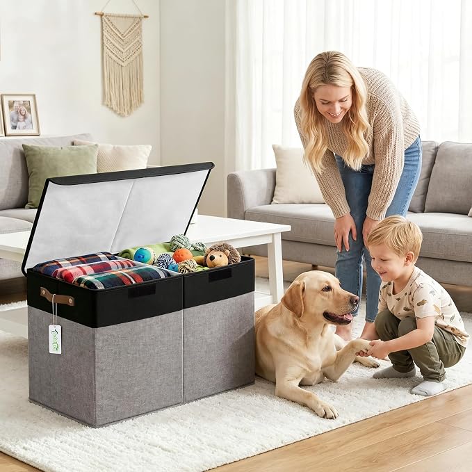 Bagnizer Large Toy Storage Box with Lids, Collapsible Sturdy Baby Storage Organizer Chest Bin Basket for Kids, Boys, Girls, Playroom, Nursery, Bedroom, Closet 25"x13"x16" (Gray and Black)