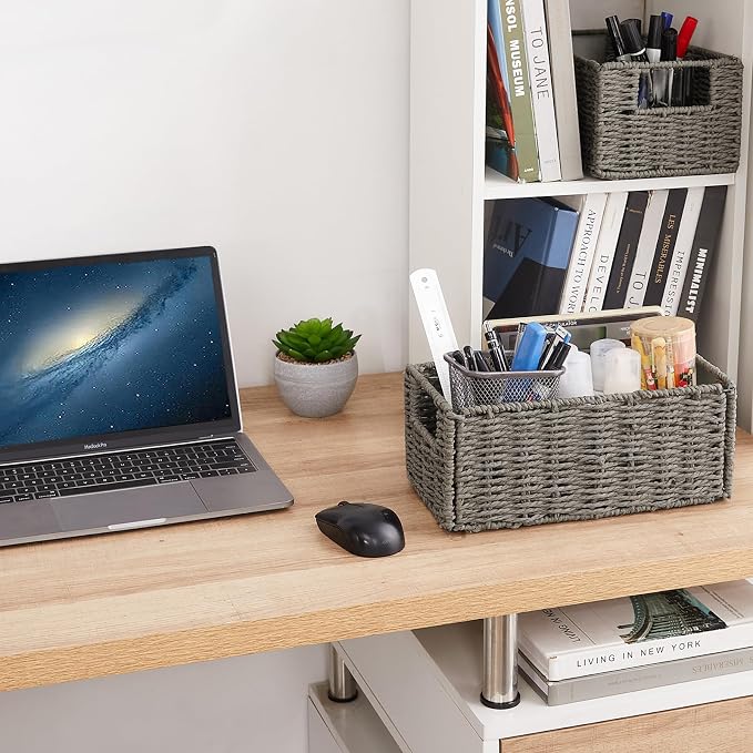 Vagusicc Wicker Storage Basket, Set of 2 Hand-Woven Paper Rope Wicker Basket, Small Storage Baskets for Organizing Toilet Paper, Foldable Large Cube Storage Organizer Bins for Shelves (Grey)