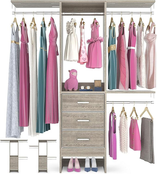 Besiost 4FT Small Closet System with 3 Fabric Drawers, 48'' Closet Organizer System With 3 Adjustable Shelves, Flexible Built-In Clothes Garment Rack for Small Space, 48"L x 13"W x 71"H, White Oak