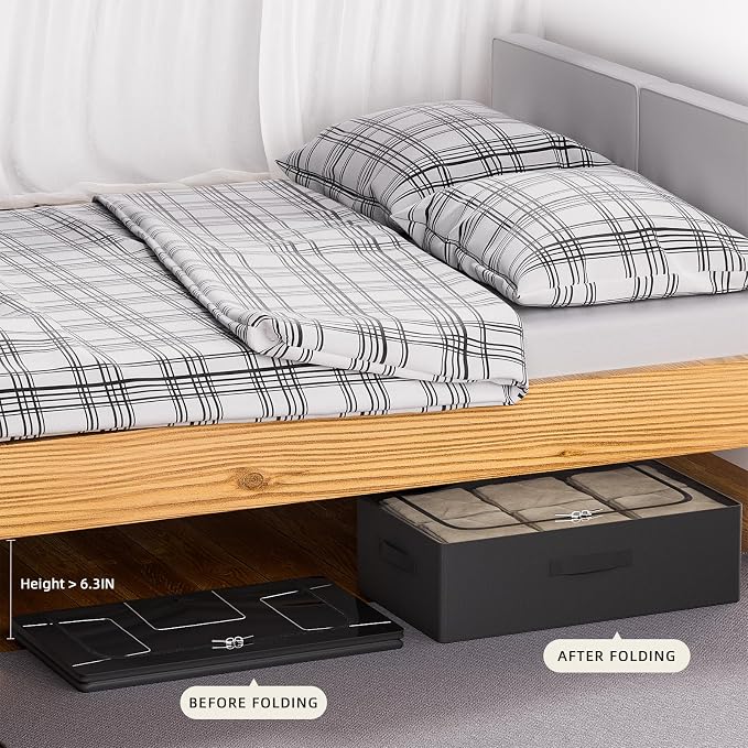 CYhom 3Pcs Under Bed Storage Bins with Metal Frame - Shoe Organizer for Closet with Clear Cover Oxford Fabric Sturdy Underbed Container Foldable Stackable Clothes Organizer (Black, 23.5x11.8x6.3)